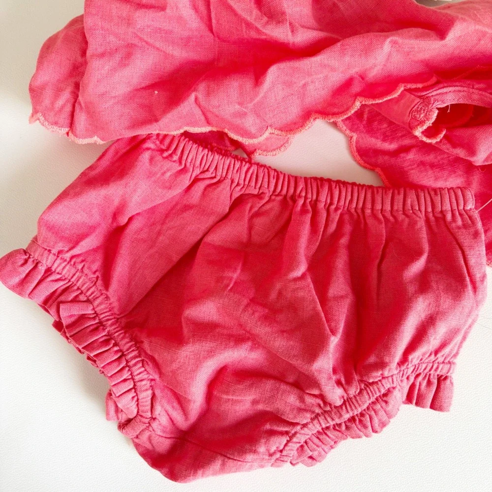 Baby GAP Girls Pink Floral Embroidered Boho Linen Blend Dress‎ Bloomers Set 3-6M